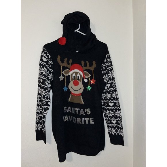 No Boundaries Black Hooded Christmas Knit Sweater Reindeer Bells Womans XL - Picture 1 of 6